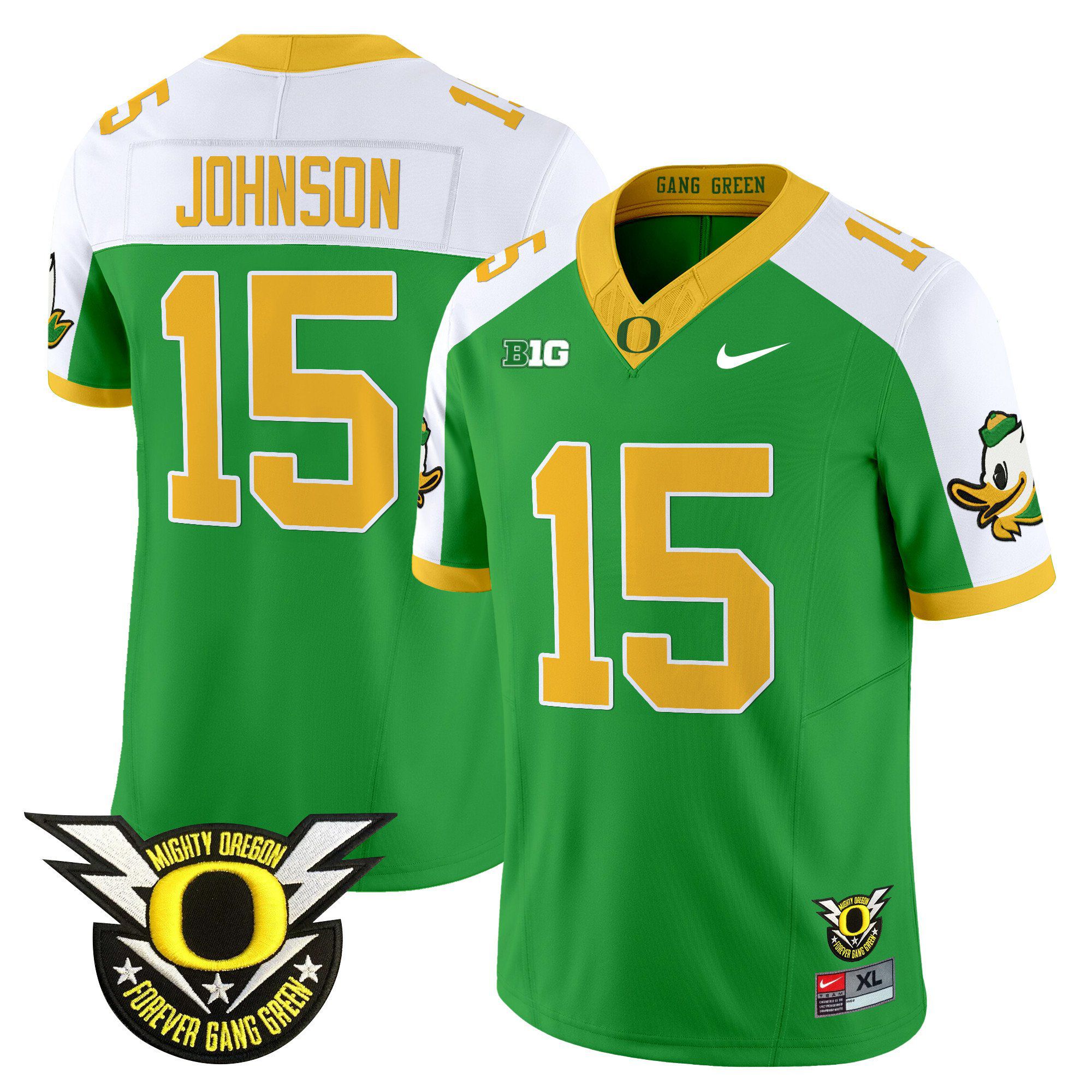 Men Oregon Ducks #15 Johnson Green 2024 Nike Forever Gang Green & BIG Patch Vapor Limited NCAA Jersey style 1